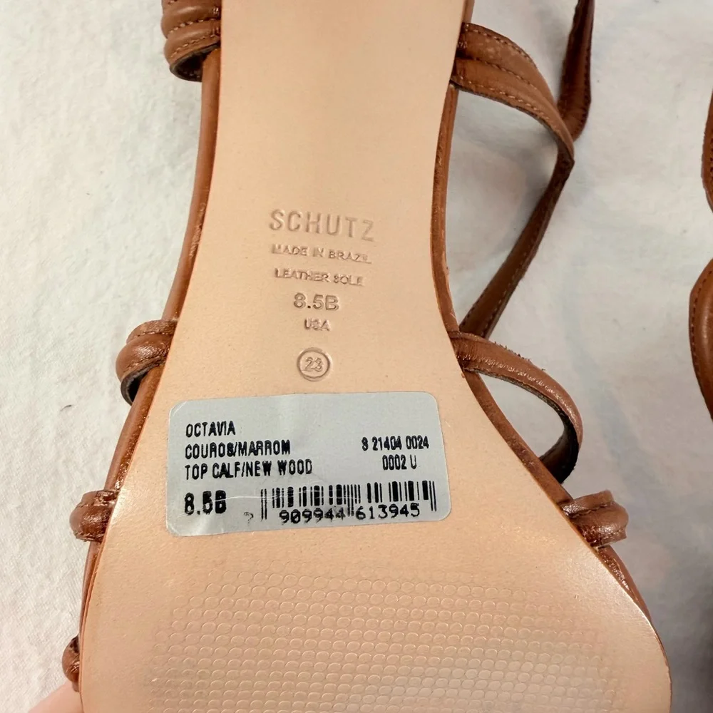 SCHUTZ  Octavia Calf Leather Square Toe Heeled Sandal in Brown Size‎ 8.5